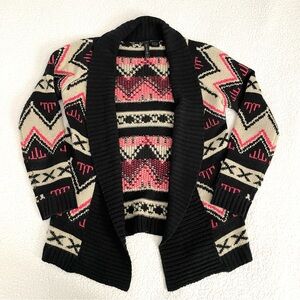 Tilly’s Kids Cozy Cabincore Aztec Open Cardigan Sweater Pink Tan Black S